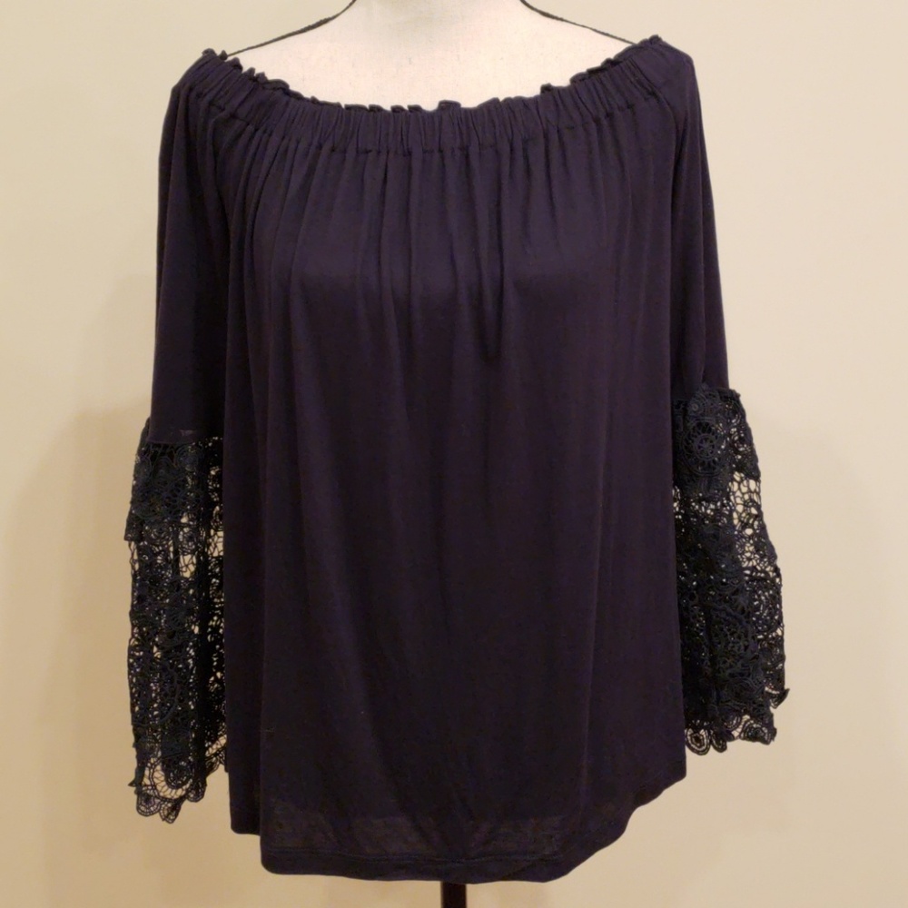 Navy Top with Lacy Bell sleeves Small - NWT